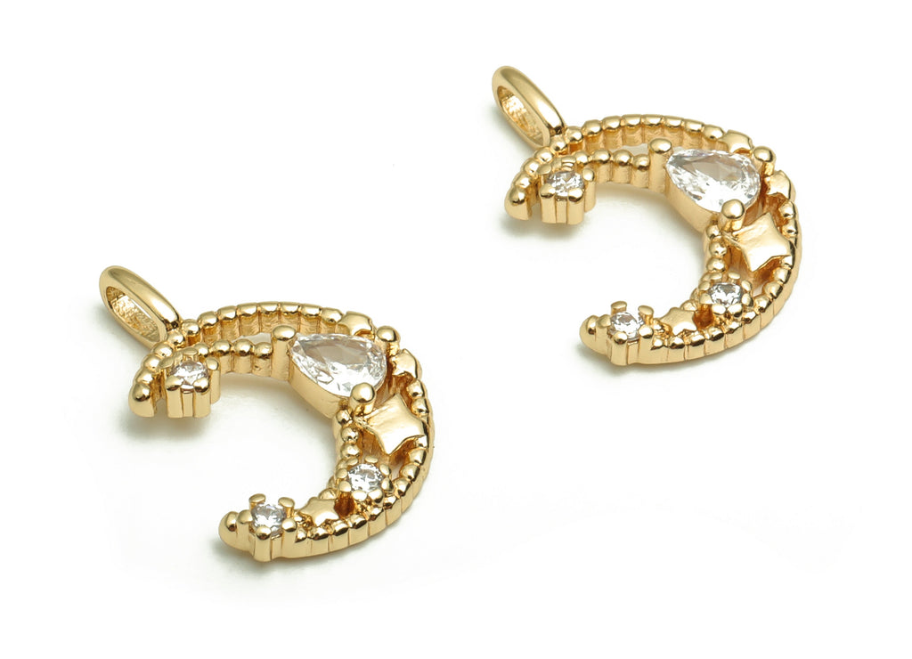 Brass Crescent Earring Charms With Zircons - Gold Moon Pendant - 18K Real Gold Plated Brass - Jewelry Supplies - 15.46x12.1x3.26mm - RGP4115 - DOMEDBAZAAR