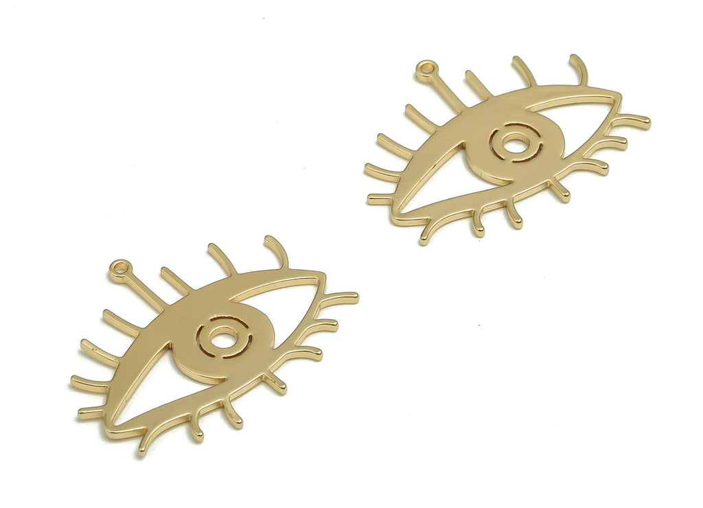 Brass Eye Earring Charms - Gold Eye Pendant - 18K Real Gold Plated Brass - Jewelry Making Supplies - 29.9x24.34x1.13mm - RGP4118 - DOMEDBAZAAR