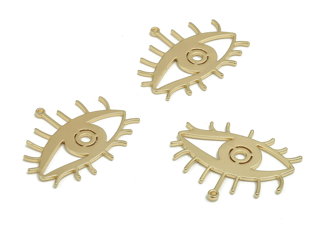 Brass Eye Earring Charms - Gold Eye Pendant - 18K Real Gold Plated Brass - Jewelry Making Supplies - 29.9x24.34x1.13mm - RGP4118 - DOMEDBAZAAR