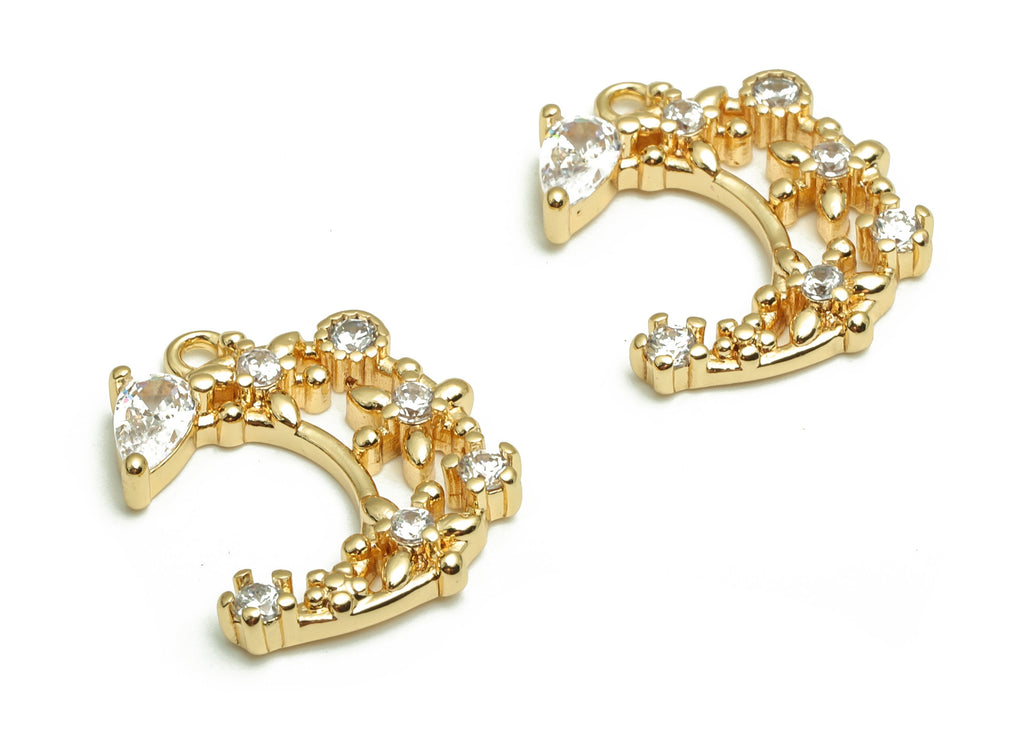 Brass Crescent Earring Charms With Zircons - Gold Moon Flower Pendant - 18K Real Gold Plated Brass - 16.31x14.07x2.93mm- RGP4091 - DOMEDBAZAAR