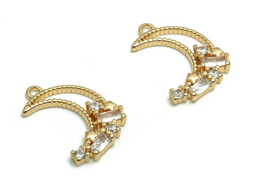 Brass Crescent Earring Charms With Zircons - Gold Moon Pendant - 18K Real Gold Plated Brass - Jewelry Supplies - 18.61x12.14x2.61mm- RGP4104 - DOMEDBAZAAR