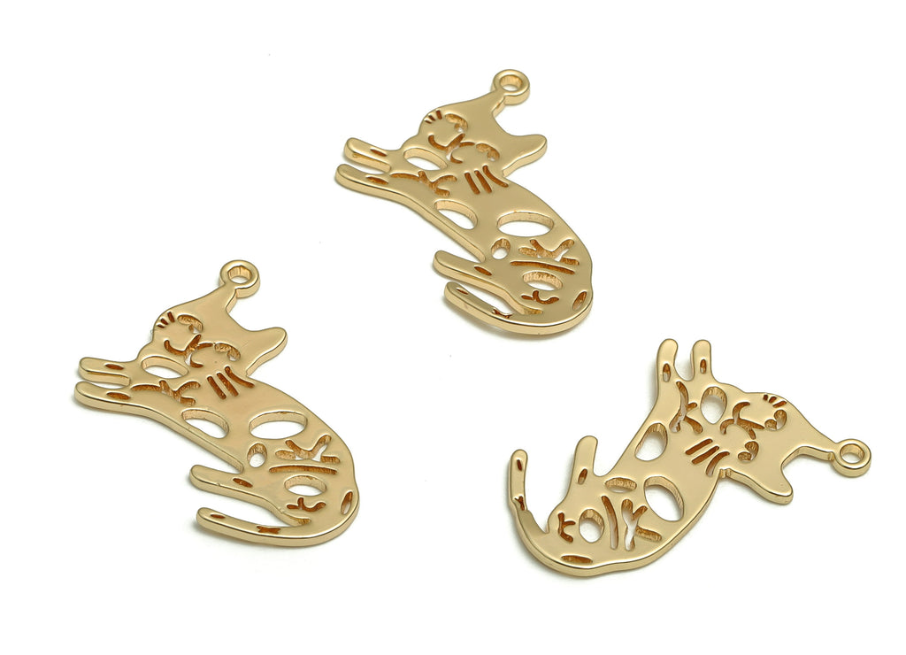 Brass Cat Earring Charms - Gold Cat Pendant - 18K Real Gold  Plated Brass - Jewelry Making Supplies - 23.14x14.5x0.86mm - RGP4121 - DOMEDBAZAAR