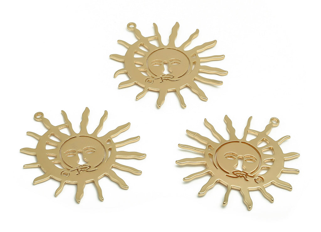 Brass Crescent Sun Earring Charms - Gold Face Moon Pendant - 18K Real Gold Plated Brass - Jewelry Supplies - 31.71x29.01x0.93mm - RGP4064 - DOMEDBAZAAR
