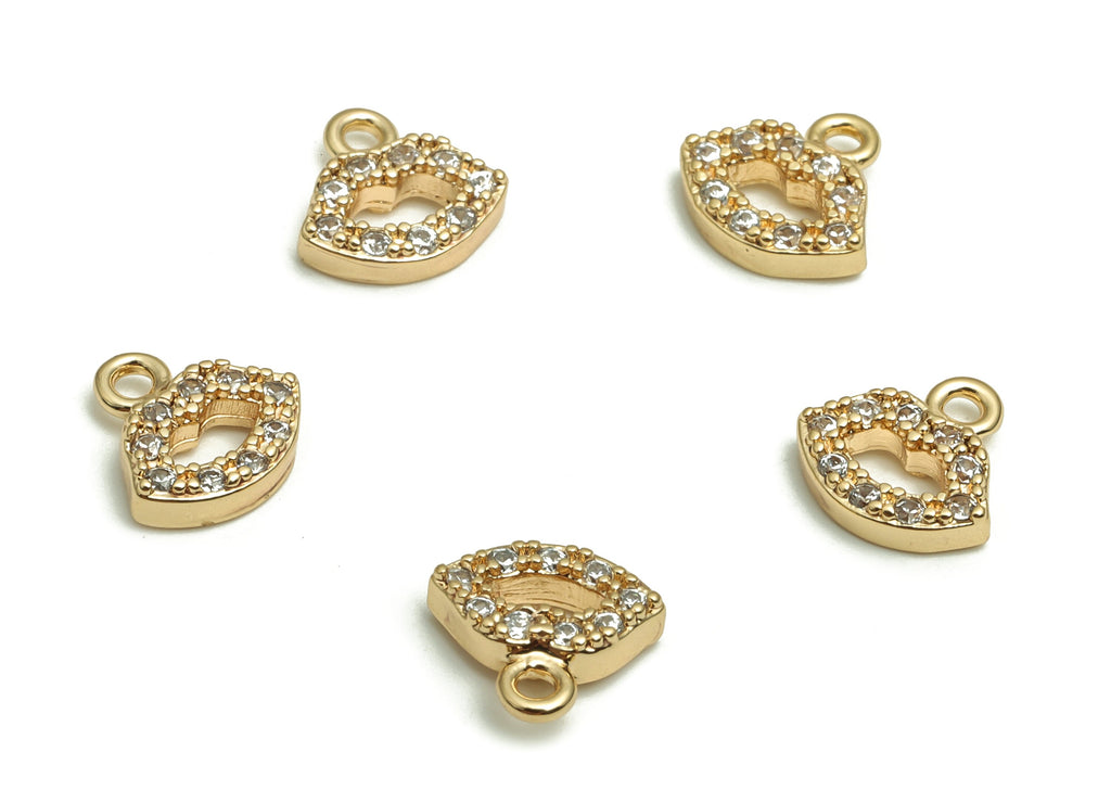 Brass Lips Earring Charms With Zircons - Gold Lips Pendant - 18K Real Gold Plated Brass - Jewelry Supplies - 8.12x7.95x2.29mm - RGP4106 - DOMEDBAZAAR
