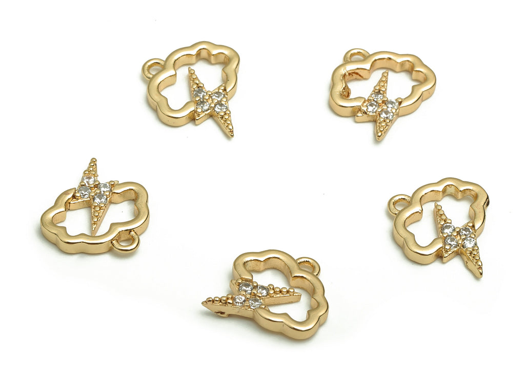 Brass Cloud Earring Charms With Zircons - Gold Lightning Pendant - 18K Real Gold Plated Brass - Jewelry Supplies - 11.14x9.8x1.5mm - RGP4128 - DOMEDBAZAAR