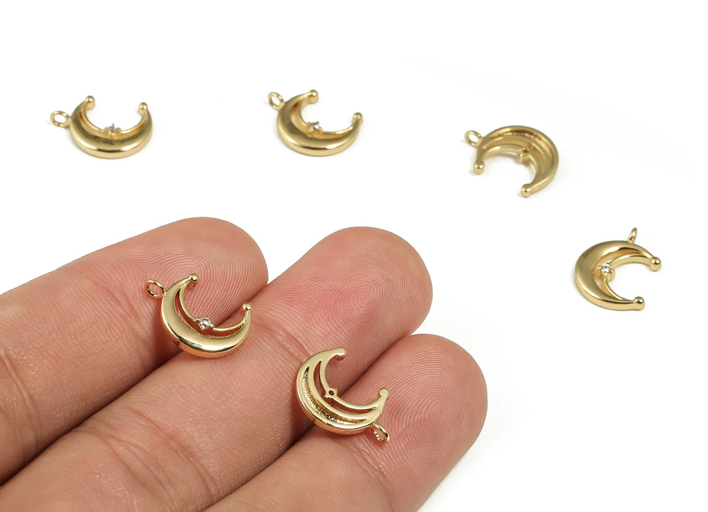 Brass Crescent Earring Charms With Zircons - Gold Moon Pendant - 18K Real Gold Plated Brass - Jewelry Supplies - 13.81x11.7x1.93mm - RGP4038 - DOMEDBAZAAR