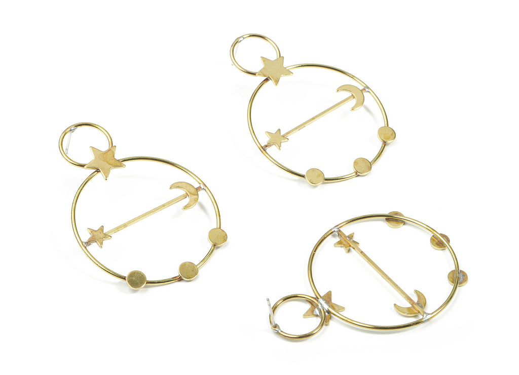 Brass Hoops Stud Earring - Raw Brass Stars Moons Earring Post - Surgical Stud - Earring Post - Jewelry Supplies - 53.4x37.98x2.49mm - PP3319 - DOMEDBAZAAR
