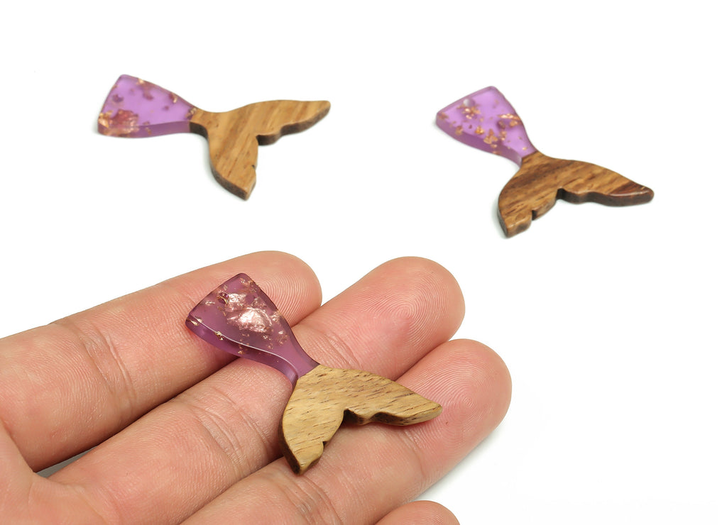 Walnut Wood Fish tail Charms - Resin Fish tail Pendant - Purple & Coffee Resin Fish tail - Jewelry Supplies - 38.49x27.99x3.08mm - BB1101A - DOMEDBAZAAR