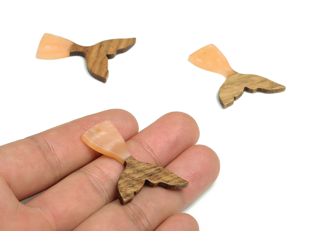 Walnut Wood Fish tail Charms - Resin Fish tail Pendant - Apricot & Coffee Resin Fish tail - Jewelry Supplies - 38.49x27.99x3.08mm - BB1101G - DOMEDBAZAAR