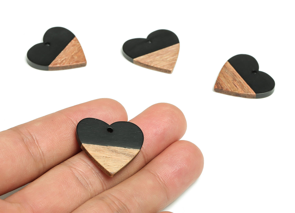 Walnut Wood Heart Earring Charms - Resin Heart Pendant - Black & Coffee Resin Heart - Jewelry Making Supplies - 24.78x23.98x2.8mm - BB1102A - DOMEDBAZAAR