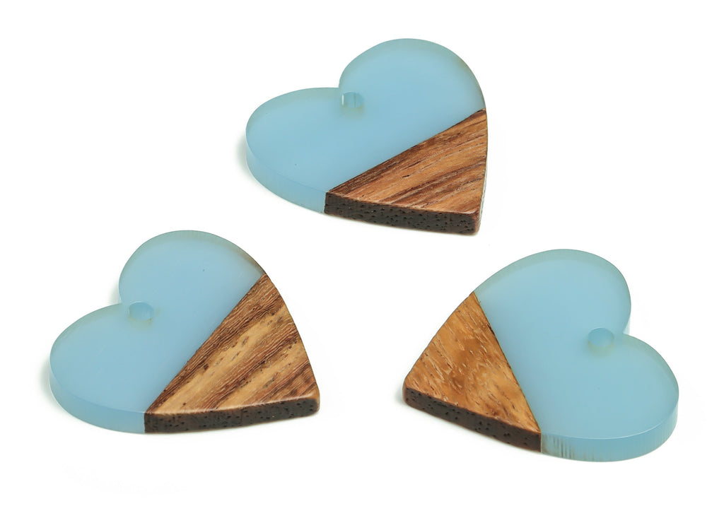 Walnut Wood Heart Earring Charm - Resin Heart Pendant - Sky Blue& Coffee Resin Heart - Jewelry Making Supplies - 24.78x23.98x2.8mm - BB1102C - DOMEDBAZAAR