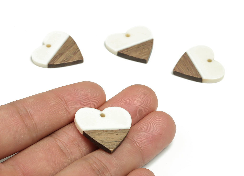 Walnut Wood Heart Earring Charms - Resin Heart Pendant - Milk White& Coffee Resin Heart - Jewelry Supplies - 24.78x23.98x2.8mm - BB1102D - DOMEDBAZAAR