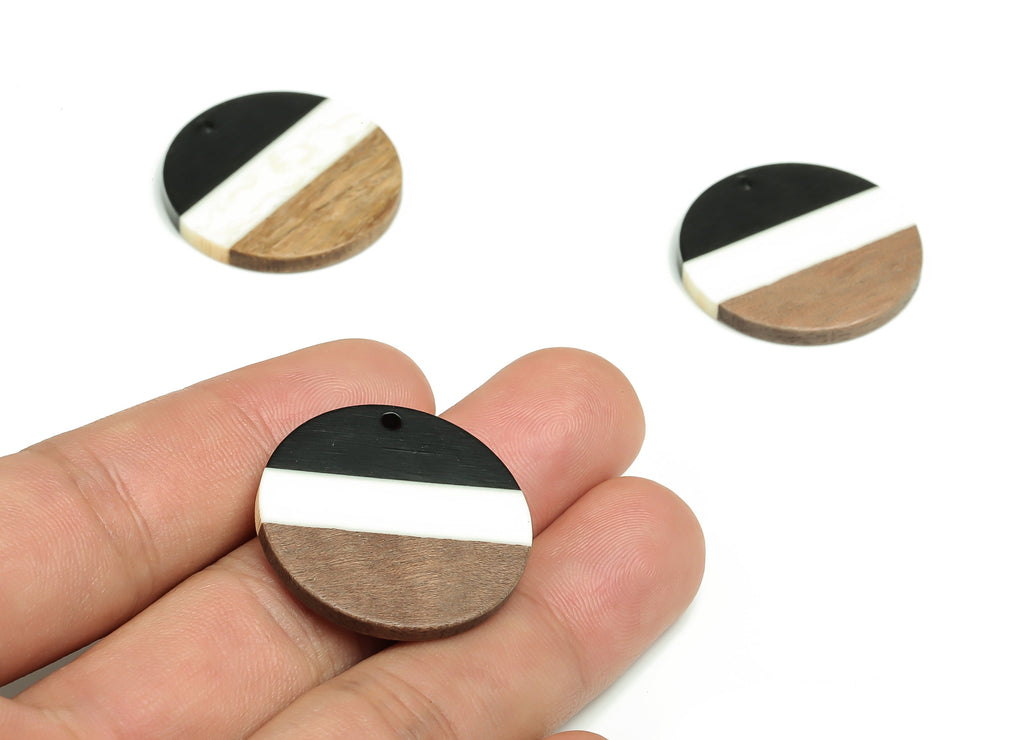Walnut Wood Round Earring Charms - Resin Circle Pendant - Black White& Coffee Resin Round - Jewelry Supplies - 17.94x27.94x2.9mm - BB1103A - DOMEDBAZAAR