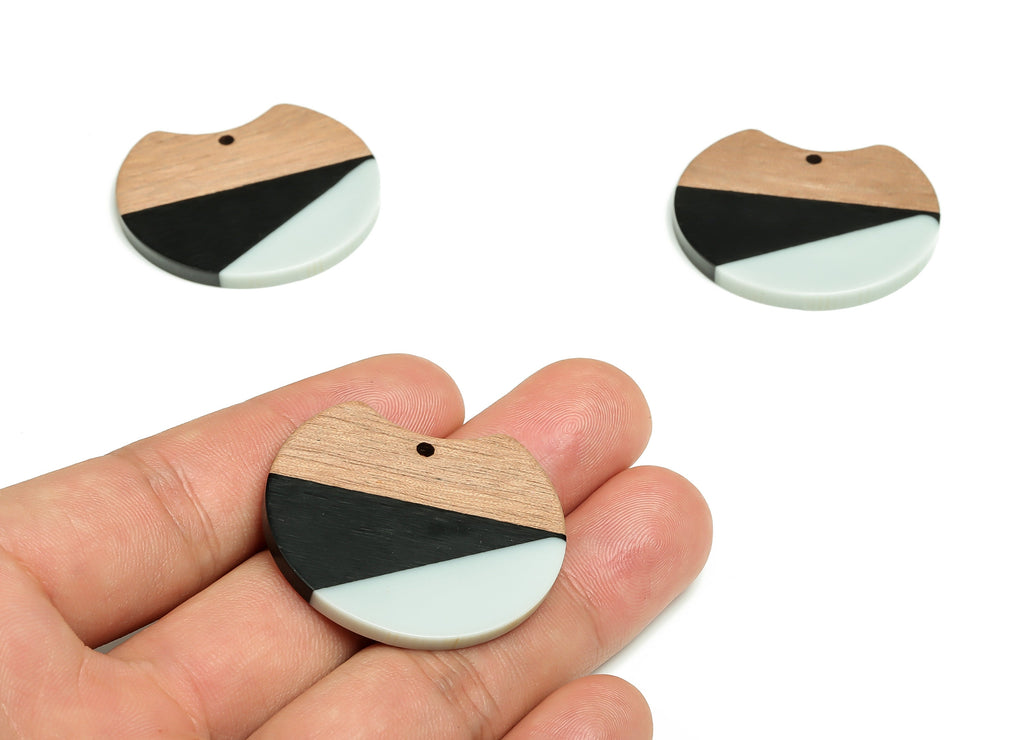 Walnut Wood Round Earring Charms - Resin Circle Pendant - Black White& Coffee Resin Round - Jewelry Supplies - 36.5x34.29x2.82mm - BB1109 - DOMEDBAZAAR