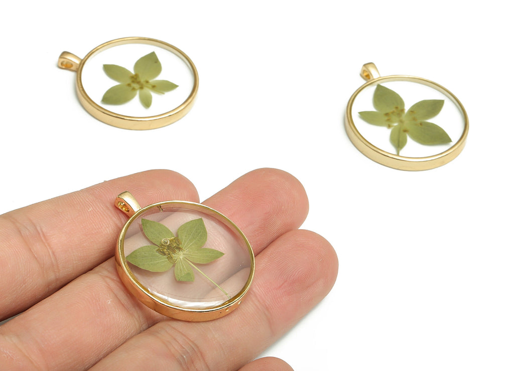 Epoxy Resin Round Real Flower Earring Charms - Epoxy Resin Rabbit Grass Pendant Charm - Gold Tone Plated Alloy -35.05x28.98x4.55mm- ZZ1950 - DOMEDBAZAAR