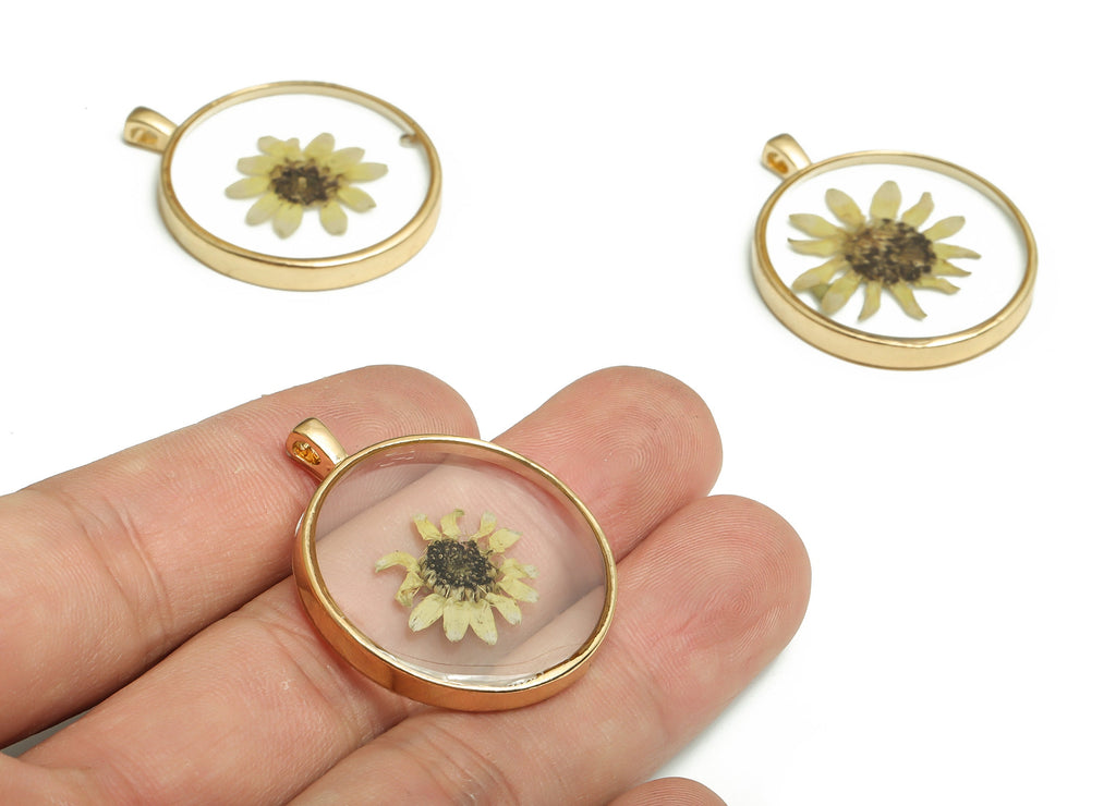 Epoxy Resin Round Earring Charms - Dried Real Flower Jewelry - Sunflower Charm Jewelry - Gold Tone Plated Alloy -35.27x28.64x4.39mm- ZZ1951 - DOMEDBAZAAR