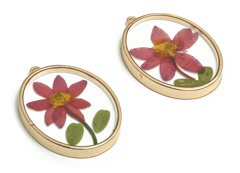 Epoxy Resin Oval Real Flower Earrings Charm - Dried Annunciator Flower Pendant Charms - Gold Tone Plated Alloy -41.07x30.32x5.04mm- ZZ1957 - DOMEDBAZAAR