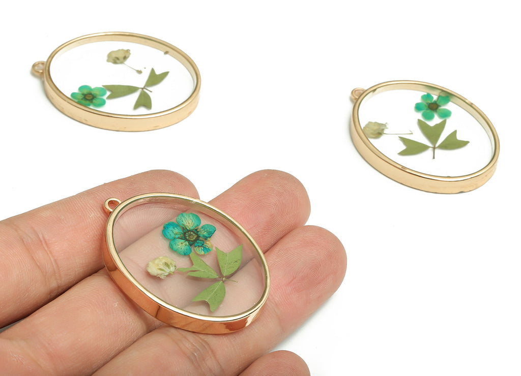 Epoxy Resin Oval Real Flower Earring Charms - Epoxy Resin Narcissus&Ear Flower Pendant - Gold Tone Plated Alloy - 41.36x29.92x4.9mm - ZZ1953 - DOMEDBAZAAR