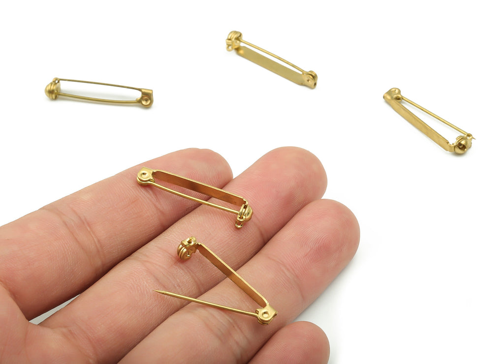 Brass Brooch Pins - Raw Brass Back Base Safety Pin - Earring Findings - Jewelry Making Supplies - 27.3x6.67x3.25mm - PP3005 - DOMEDBAZAAR