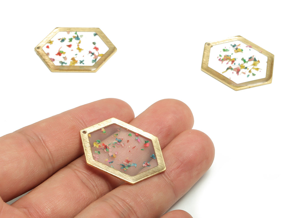 Epoxy Hexagon Earring Charms - Epoxy Hexagon Pendant - Raw Brass Dried Real Flower Charm - Resin Real Pendant - 32.78x24.45mx2.12mm- RC1189 - DOMEDBAZAAR