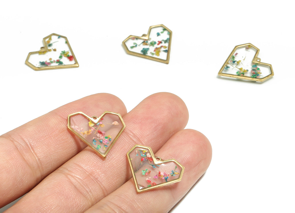 Epoxy Resin Heart Earring Charms – Resin Dried Real Flower Pendant - Raw Brass Love Heart Charm – Jewelry Supplies - 19.75x19.6x2mm - RC1193 - DOMEDBAZAAR