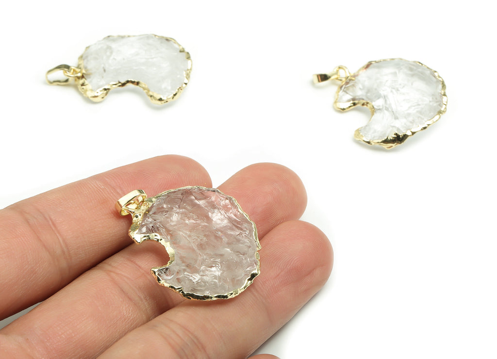 Clear Quartz Crescent Earring Charms – Brass Moon Pendant – Natural Stone - Average size – Gold Tone Plating - 28.31x22.69x7.44mm - NS1460 - DOMEDBAZAAR