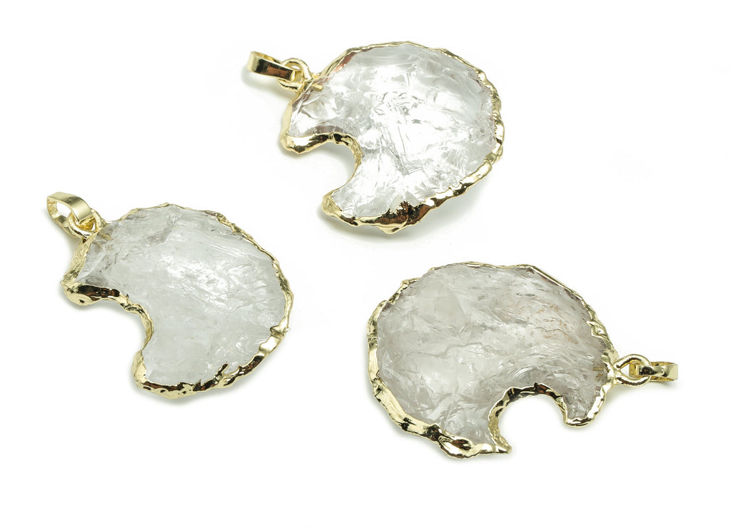 Clear Quartz Crescent Earring Charms – Brass Moon Pendant – Natural Stone - Average size – Gold Tone Plating - 28.31x22.69x7.44mm - NS1460 - DOMEDBAZAAR
