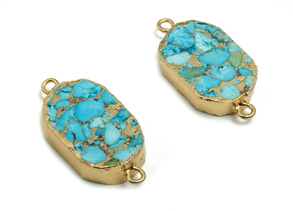 Turpentine Oval Earring Connector – Natural Stone Oval Pendant - Gold Tone Plating Brass – Jewelry Supply - 33.26x16.39x4.98mm - NS1458 - DOMEDBAZAAR