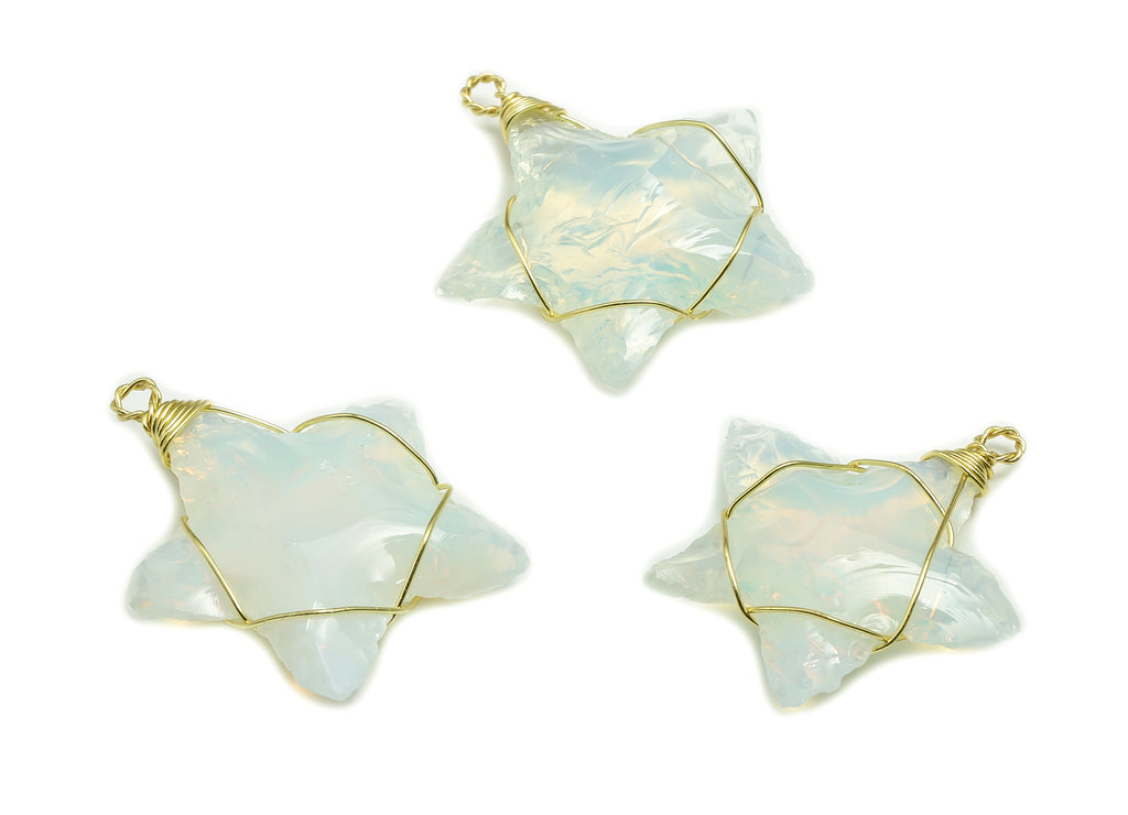 Opalite Star Earring Charms - Brass Star Pendant - Brass Wire Wrapped - Natural Stone - Jewelry Making Supplies - 39.74x36.06x7.4mm – NS1455 - DOMEDBAZAAR