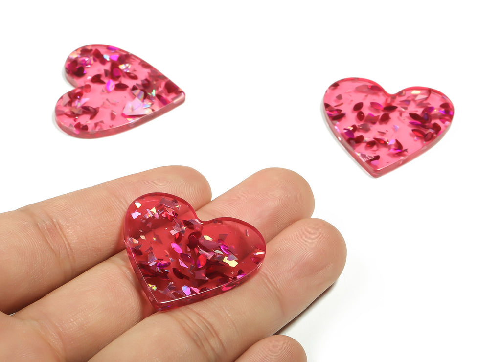 Acrylic Heart Earring Charms - Acrylic Heart Pendant - Silver Pink Foil&Confetti - Color Code: A437 - 31.92x31.3x2.88mm - AC1431-A437 - DOMEDBAZAAR