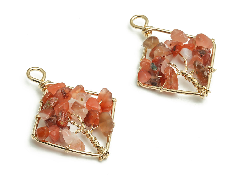 Carnelian Stone Earring Charms – Wire Wrapped Natural Stone - Iron Diamond Pendant - Gold Tone Plated Alloy - 43.81x31.19x6.82mm - NS1420 - DOMEDBAZAAR