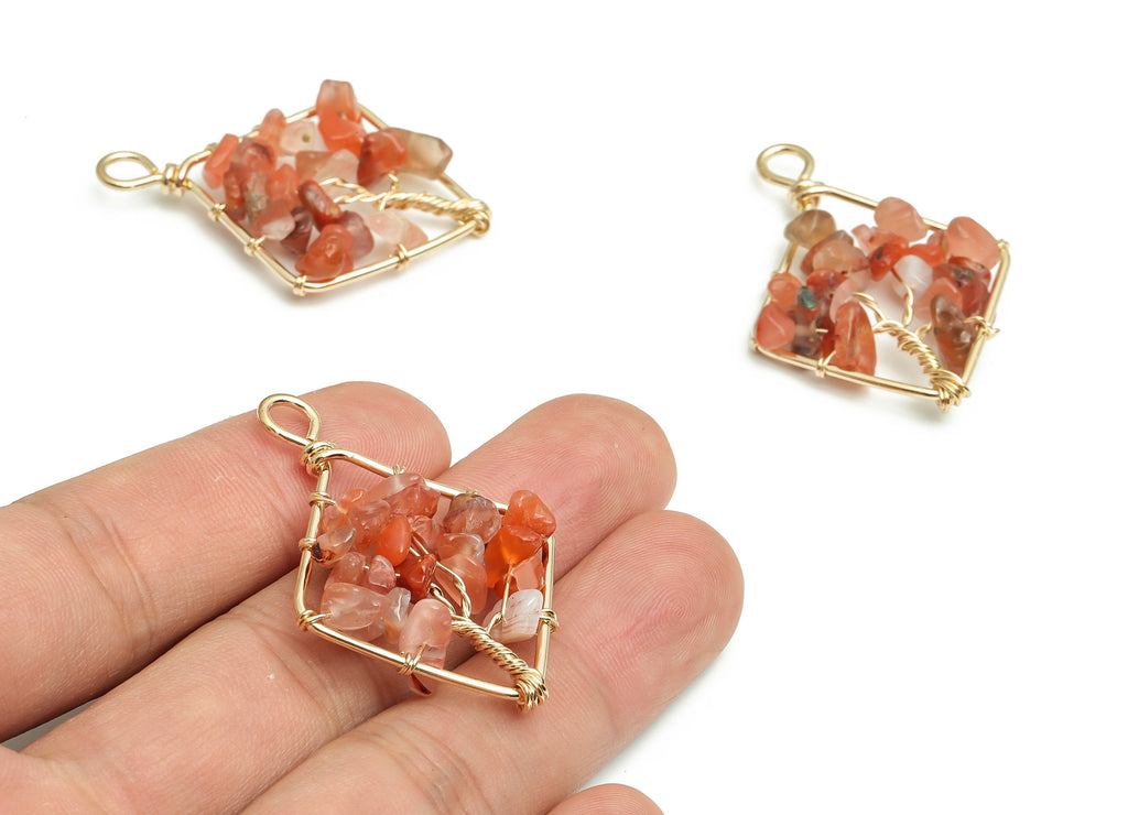 Carnelian Stone Earring Charms – Wire Wrapped Natural Stone - Iron Diamond Pendant - Gold Tone Plated Alloy - 43.81x31.19x6.82mm - NS1420 - DOMEDBAZAAR