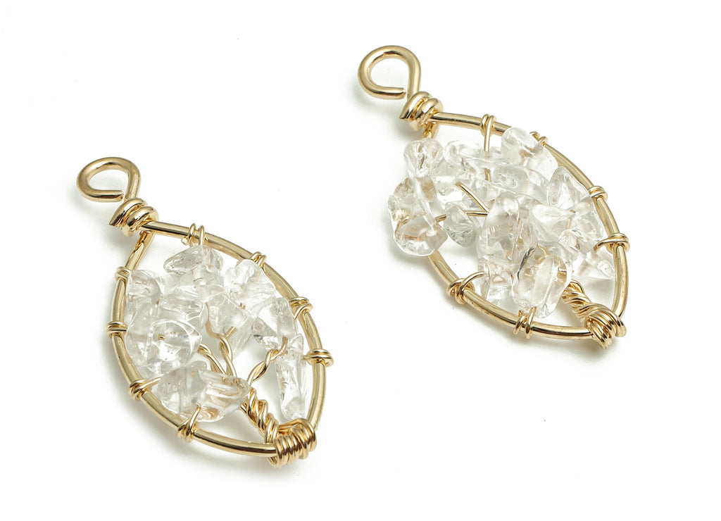 Clear Quartz Jewelry Charms – Wire Wrapped Natural Stone - Iron Oval Pendant - Gold Tone Plated Alloy - 41.21x18.09x5.42mm - NS1416 - DOMEDBAZAAR