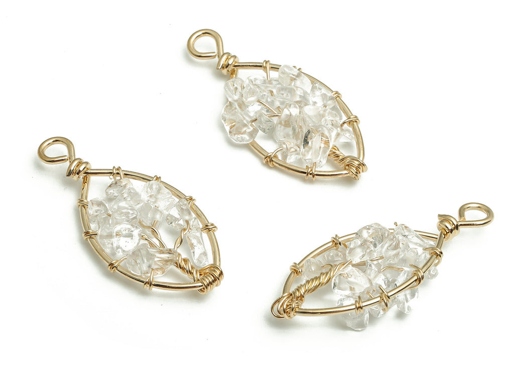 Clear Quartz Jewelry Charms – Wire Wrapped Natural Stone - Iron Oval Pendant - Gold Tone Plated Alloy - 41.21x18.09x5.42mm - NS1416 - DOMEDBAZAAR
