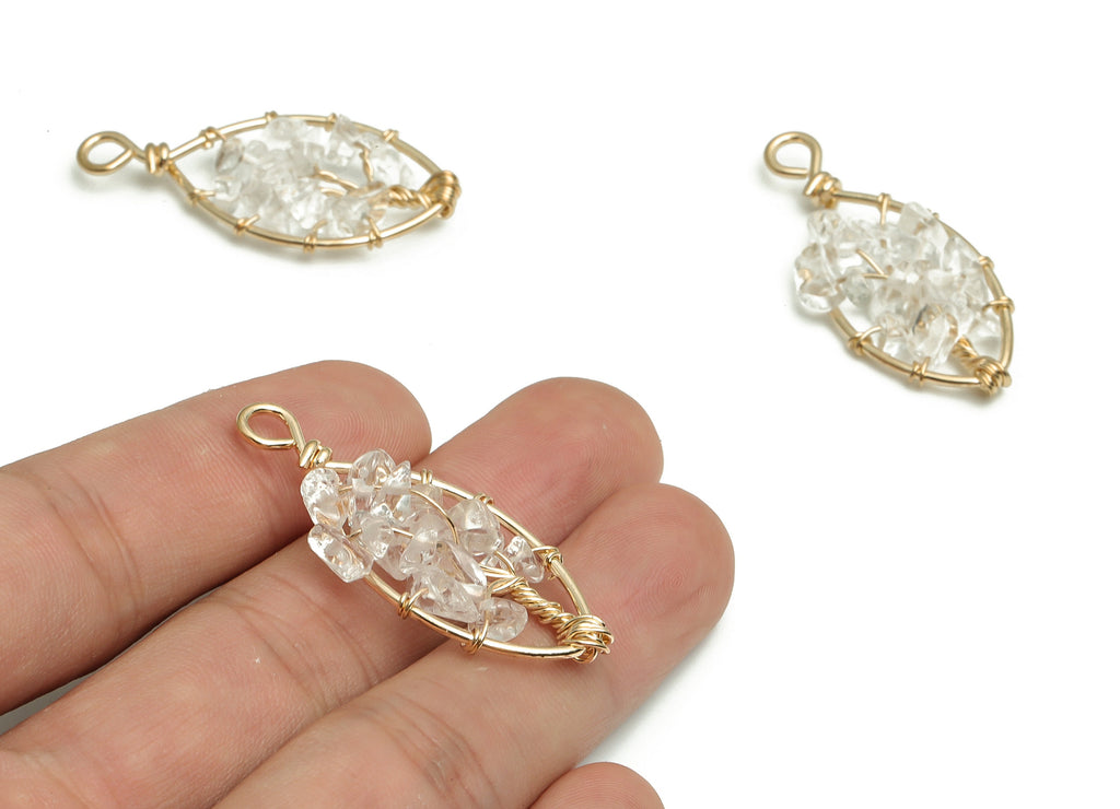 Clear Quartz Jewelry Charms – Wire Wrapped Natural Stone - Iron Oval Pendant - Gold Tone Plated Alloy - 41.21x18.09x5.42mm - NS1416 - DOMEDBAZAAR