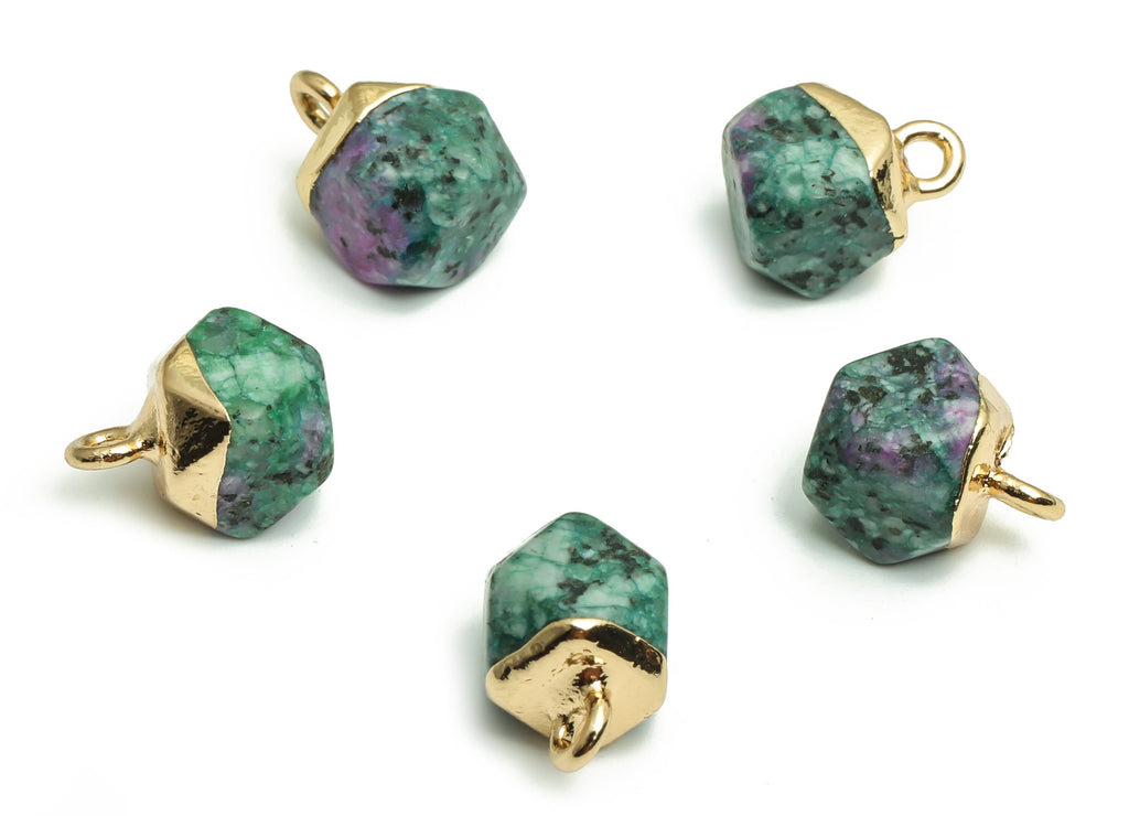 Ruby Zoisite Charms - Iron Faceted Round Pendant - Natural Stone - Gold Tone Plated Alloy – Jewelry Supplies - 11.99x8.07x7.78mm – NS1410 - DOMEDBAZAAR