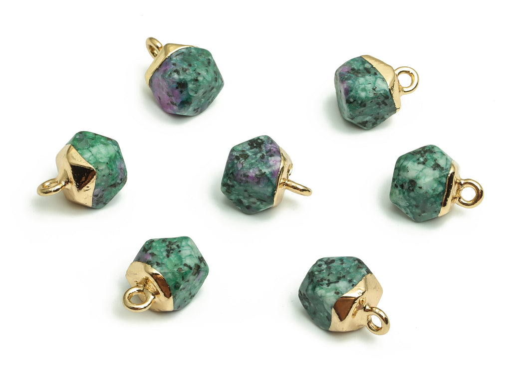 Ruby Zoisite Charms - Iron Faceted Round Pendant - Natural Stone - Gold Tone Plated Alloy – Jewelry Supplies - 11.99x8.07x7.78mm – NS1410 - DOMEDBAZAAR