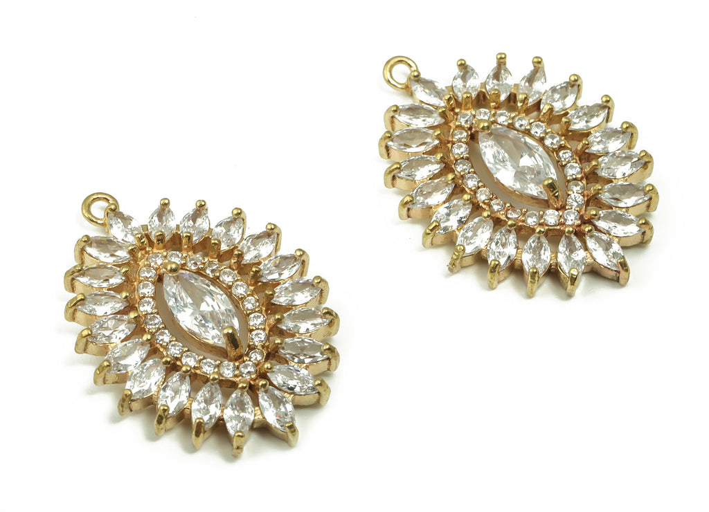 Raw Brass Sunshine Earrings Charm - Zircon Charms - Cubic Zirconia Crystal Flower Charms - Jewelry Making Supplies  -25.71x18.31x3mm- PP4863 - DOMEDBAZAAR