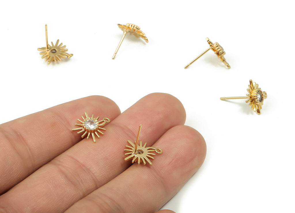 Brass Starburst Stud Earrings with Zircon - 18K Gold Plated Brass - 925 Imitation Silver Needle - Jewelry Making -14.5x12.41x2.78mm- RGP4152 - DOMEDBAZAAR