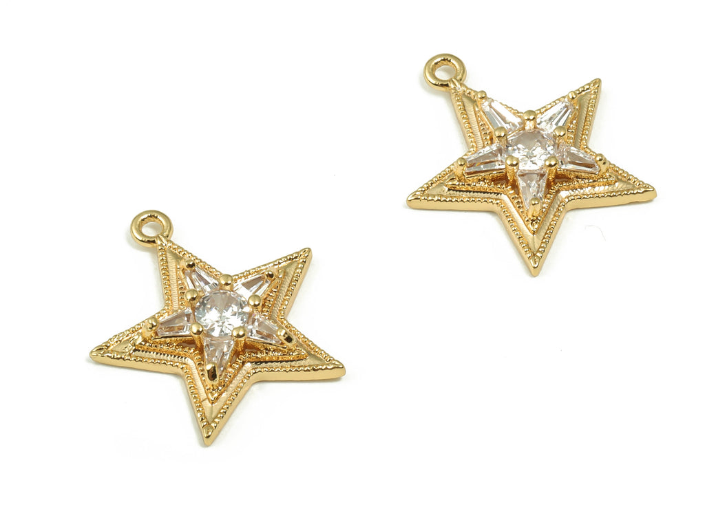 Brass Five-pointed star Earring Charms With Zircons - Gold Star Pendant - 18K Real Gold Plated Brass - 17.86x16.6x3.81mm - RGP4157 - DOMEDBAZAAR