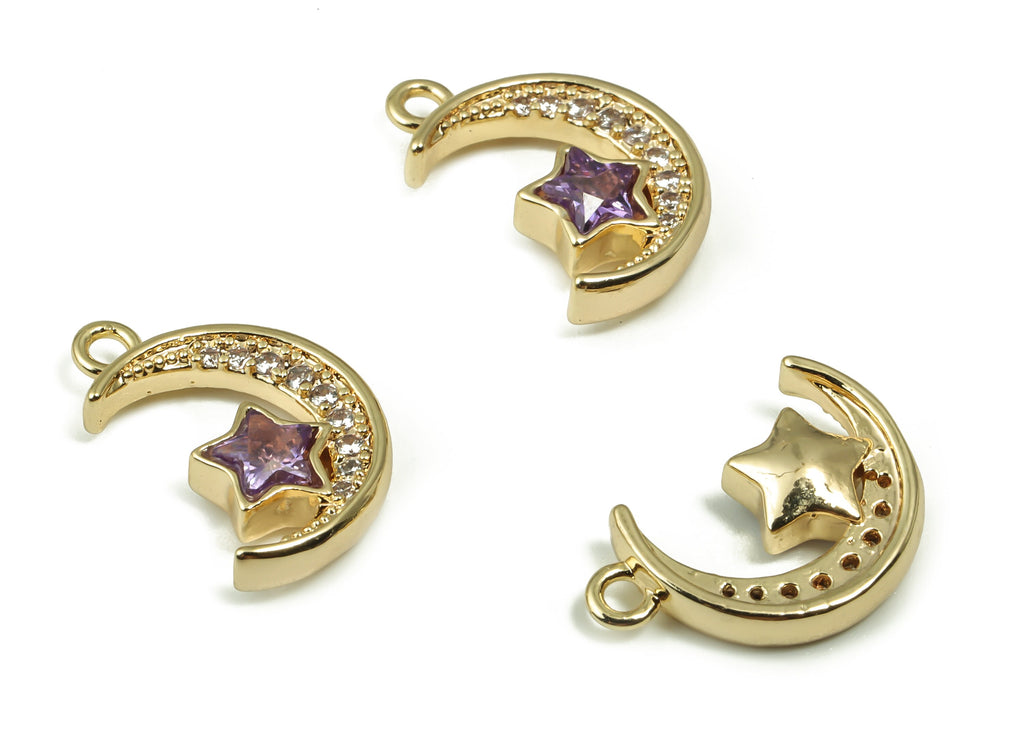 Brass Crescent Earring Charms With Zircons - Gold Moon Star Pendant - 18K Real Gold Plated Brass - Jewelry Supplies - 15.5x10x3.5mm -RGP4161 - DOMEDBAZAAR