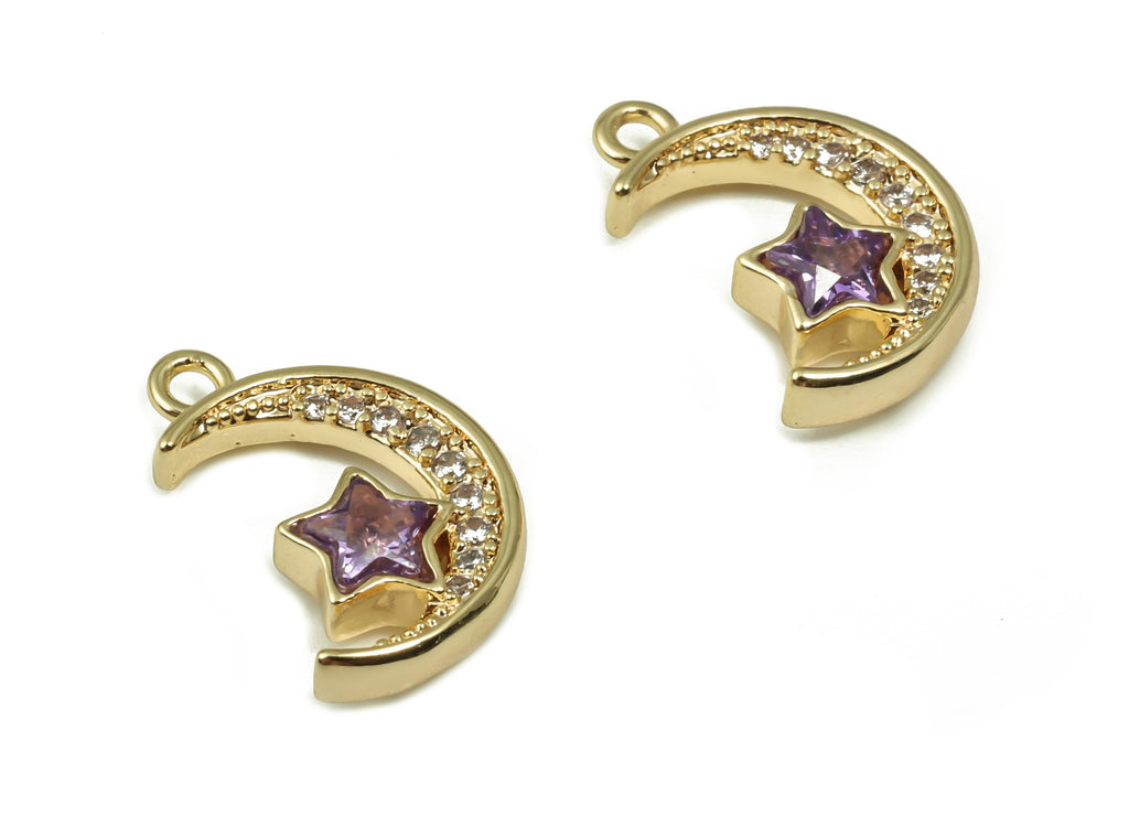 Brass Crescent Earring Charms With Zircons - Gold Moon Star Pendant - 18K Real Gold Plated Brass - Jewelry Supplies - 15.5x10x3.5mm -RGP4161 - DOMEDBAZAAR
