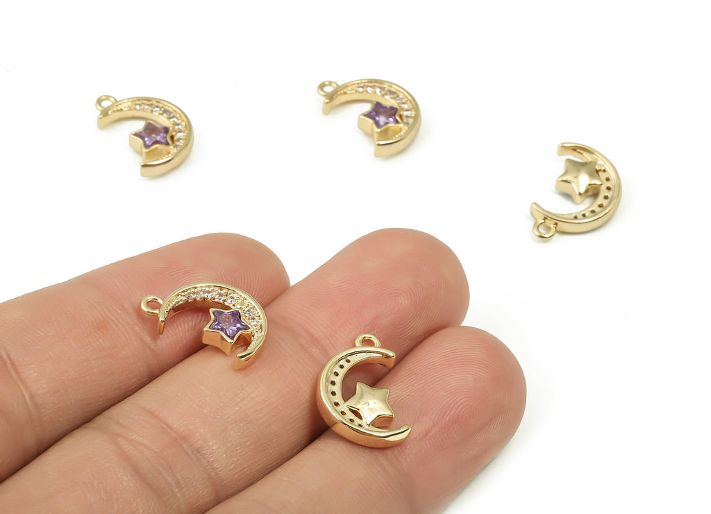 Brass Crescent Earring Charms With Zircons - Gold Moon Star Pendant - 18K Real Gold Plated Brass - Jewelry Supplies - 15.5x10x3.5mm -RGP4161 - DOMEDBAZAAR