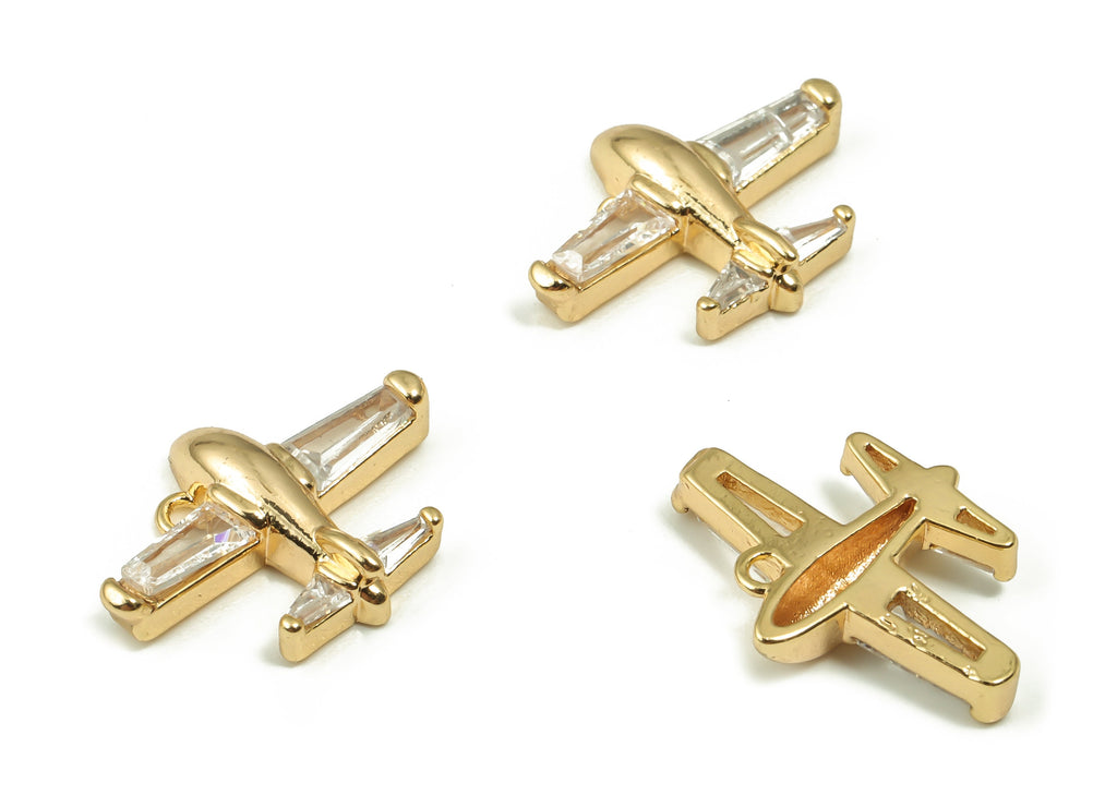 Brass Airplane Earring Charms With Zircons - Gold Airplane Pendant - 18K Real Gold Plated Brass - Jewelry Supplies -18.5x13.27x3.9mm-RGP4164 - DOMEDBAZAAR