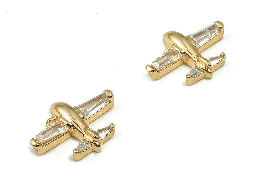 Brass Airplane Earring Charms With Zircons - Gold Airplane Pendant - 18K Real Gold Plated Brass - Jewelry Supplies -18.5x13.27x3.9mm-RGP4164 - DOMEDBAZAAR