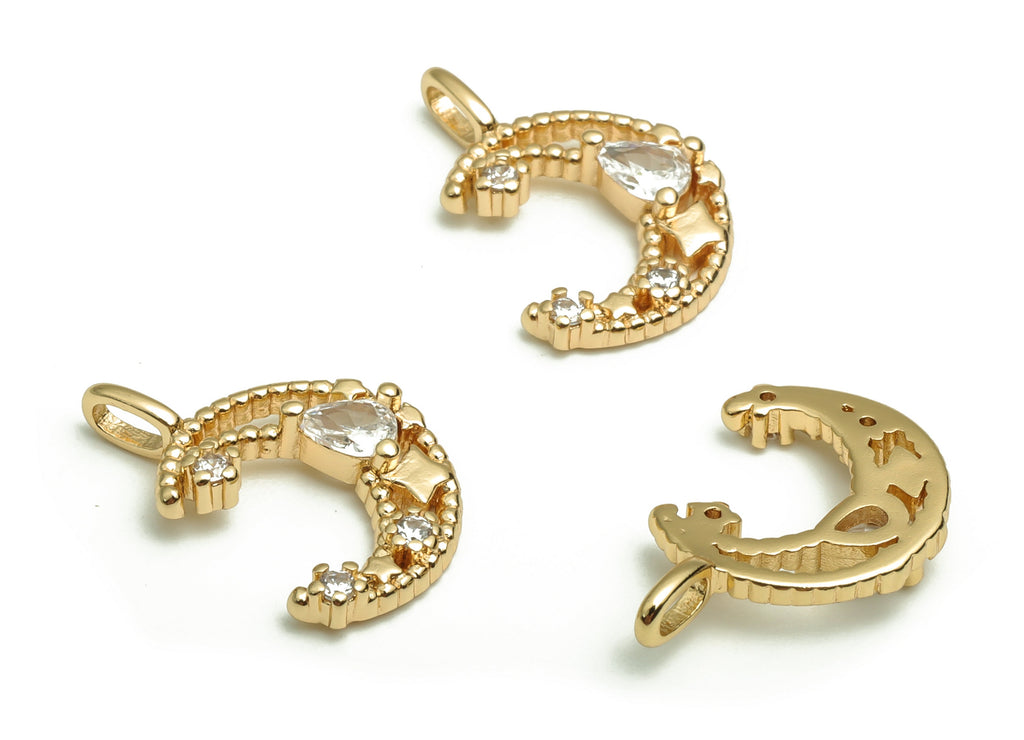 Brass Crescent Earring Charms With Zircons - Gold Moon Pendant - 18K Real Gold Plated Brass - Jewelry Supplies - 15.46x12.1x3.26mm - RGP4115 - DOMEDBAZAAR