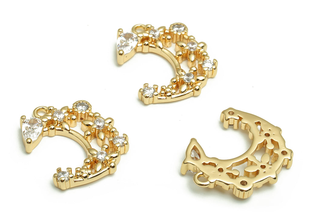 Brass Crescent Earring Charms With Zircons - Gold Moon Flower Pendant - 18K Real Gold Plated Brass - 16.31x14.07x2.93mm- RGP4091 - DOMEDBAZAAR