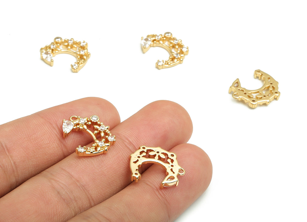 Brass Crescent Earring Charms With Zircons - Gold Moon Flower Pendant - 18K Real Gold Plated Brass - 16.31x14.07x2.93mm- RGP4091 - DOMEDBAZAAR