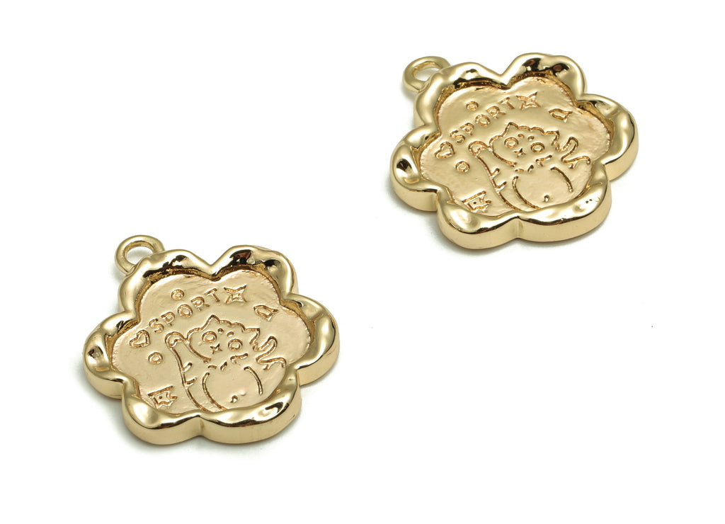 Brass Flower Earring Charms - Gold Cat Pendant - 18K Real Gold Plated Brass - Jewelry Making Supplies - 17.06x14.04x2.22mm- RGP4110 - DOMEDBAZAAR