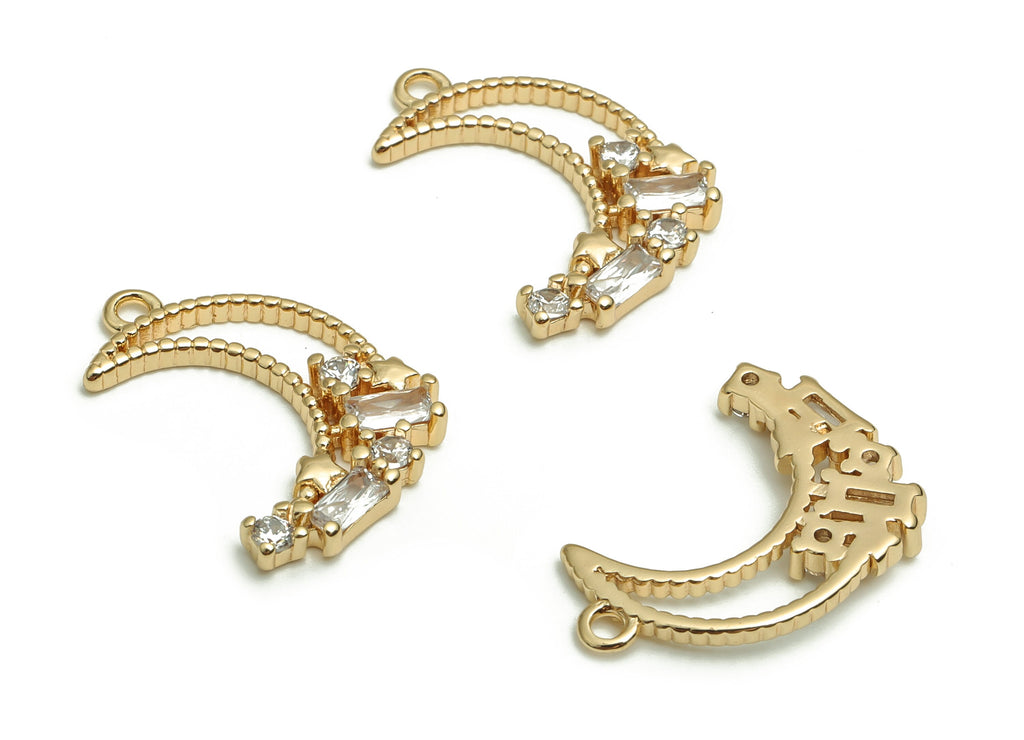Brass Crescent Earring Charms With Zircons - Gold Moon Pendant - 18K Real Gold Plated Brass - Jewelry Supplies - 18.61x12.14x2.61mm- RGP4104 - DOMEDBAZAAR